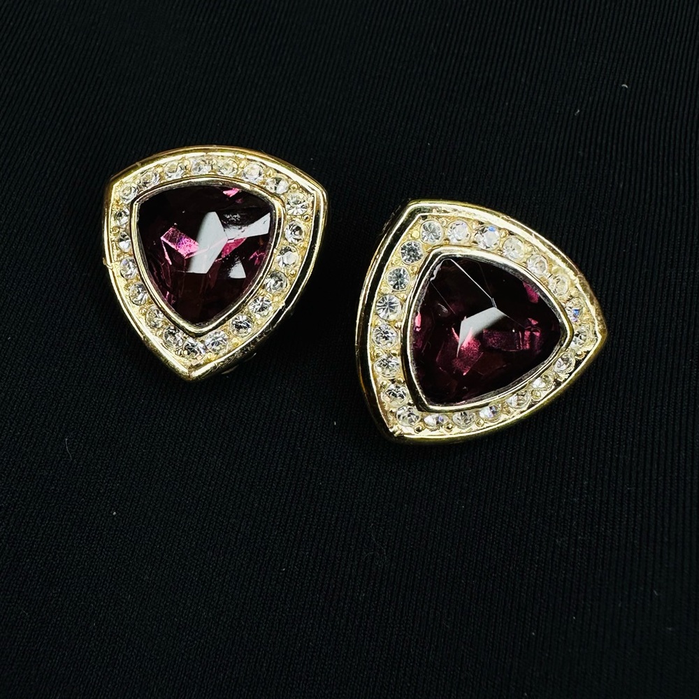 Rare Find Christian Dior Amethyst Purple Rhinestone Clip Earrings Gold Vintage